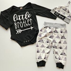 Little Brother Outfit Set Black Gray 3 Piece Set Infant Boy Size 6-12 M Teepee